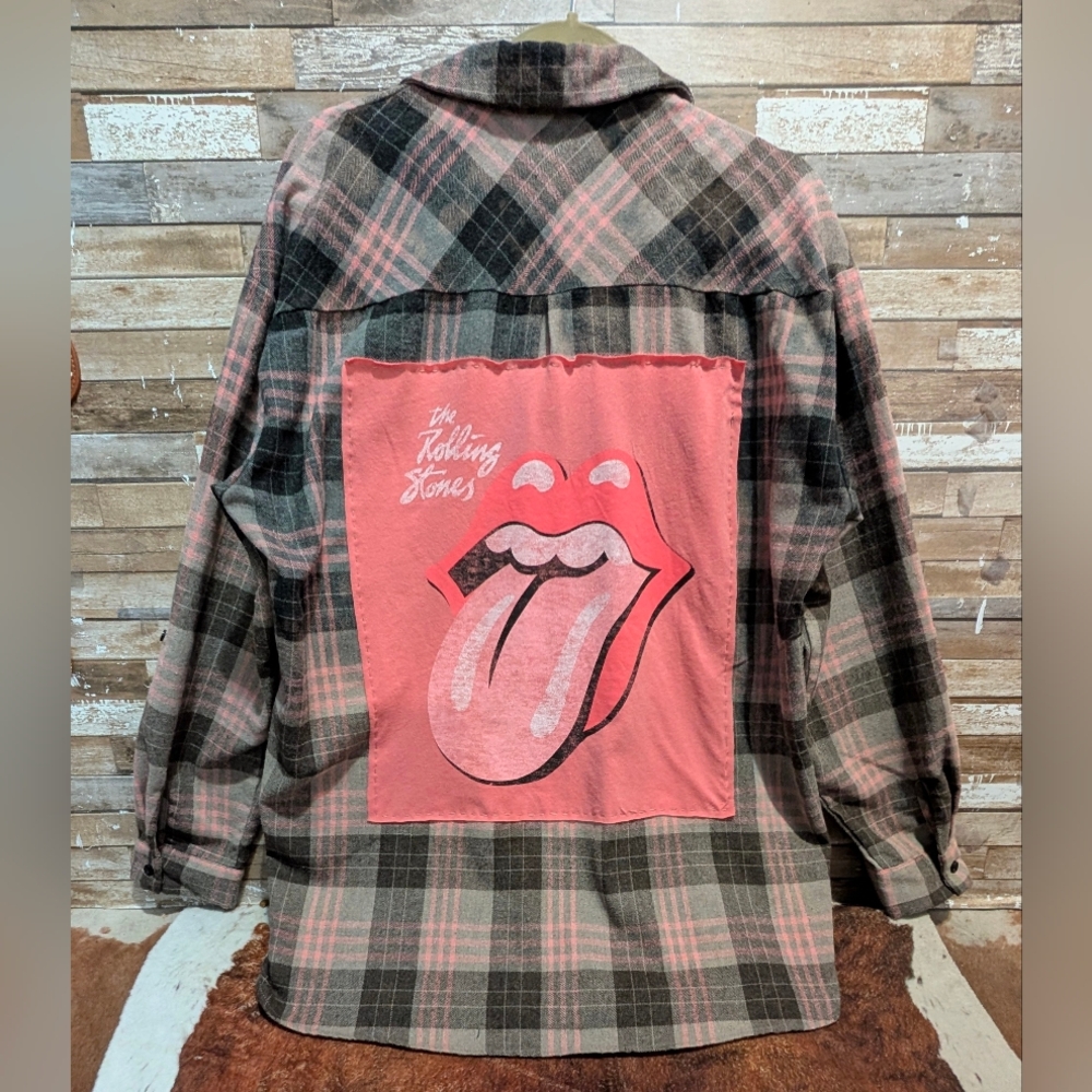Rolling Stones Graphic Upcycled Dip Dye Bleached Flannel Shirt